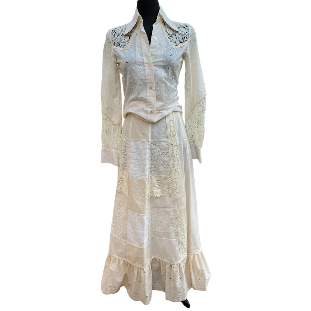 M. BIANCHI CALIFORNIA Vintage Eyelet Ruffle Hem Skirt & Button Down Top AMAZING! - Picture 1 of 16
